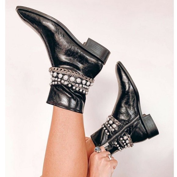 New Zara Short Heel Ankle Boots Pearl Beads Chains Leather Booties Combat Riding - Picture 13 of 14